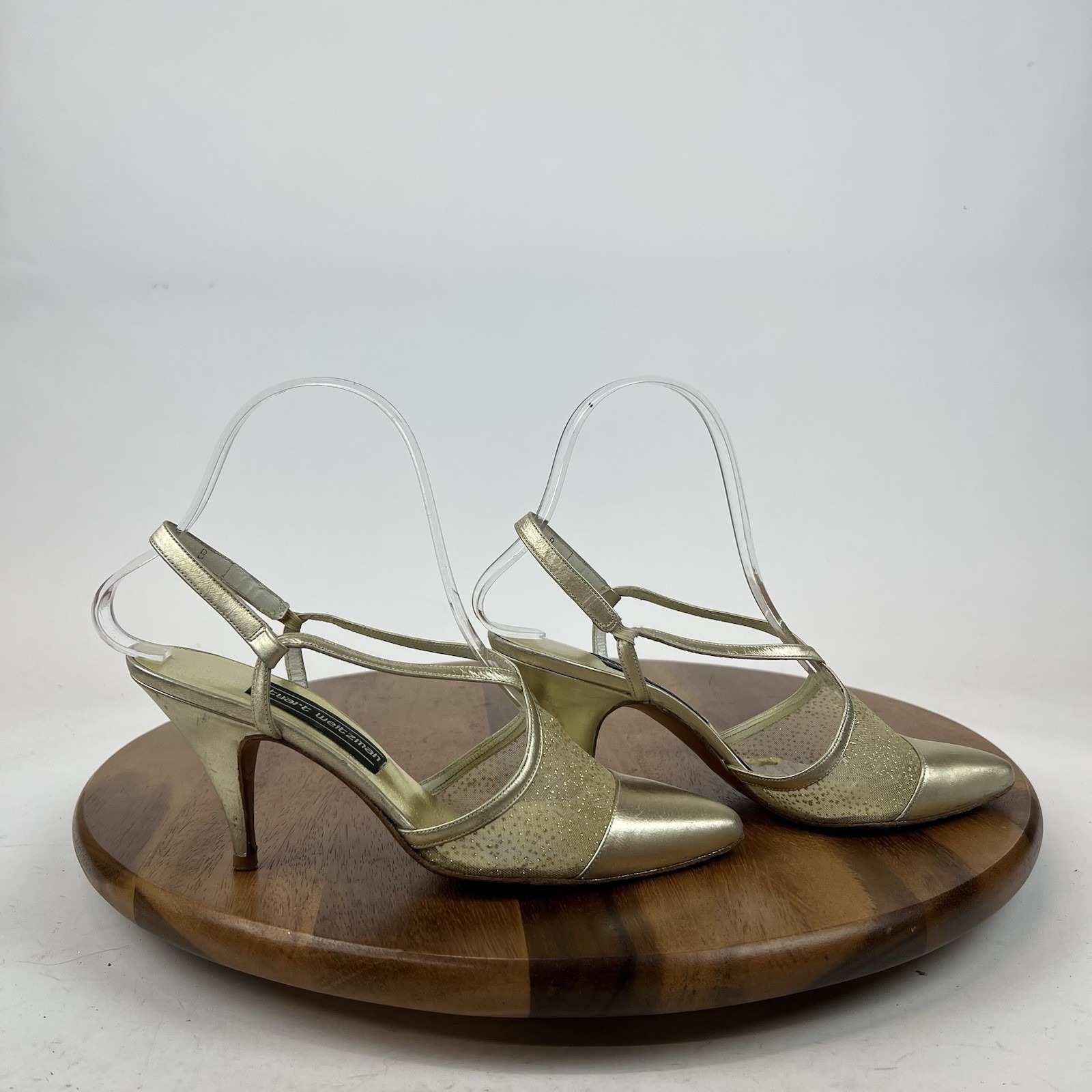 Womens Stuart Weitzman Vintange Gold Satin Slingback Strappy Heels Pumps Size 6